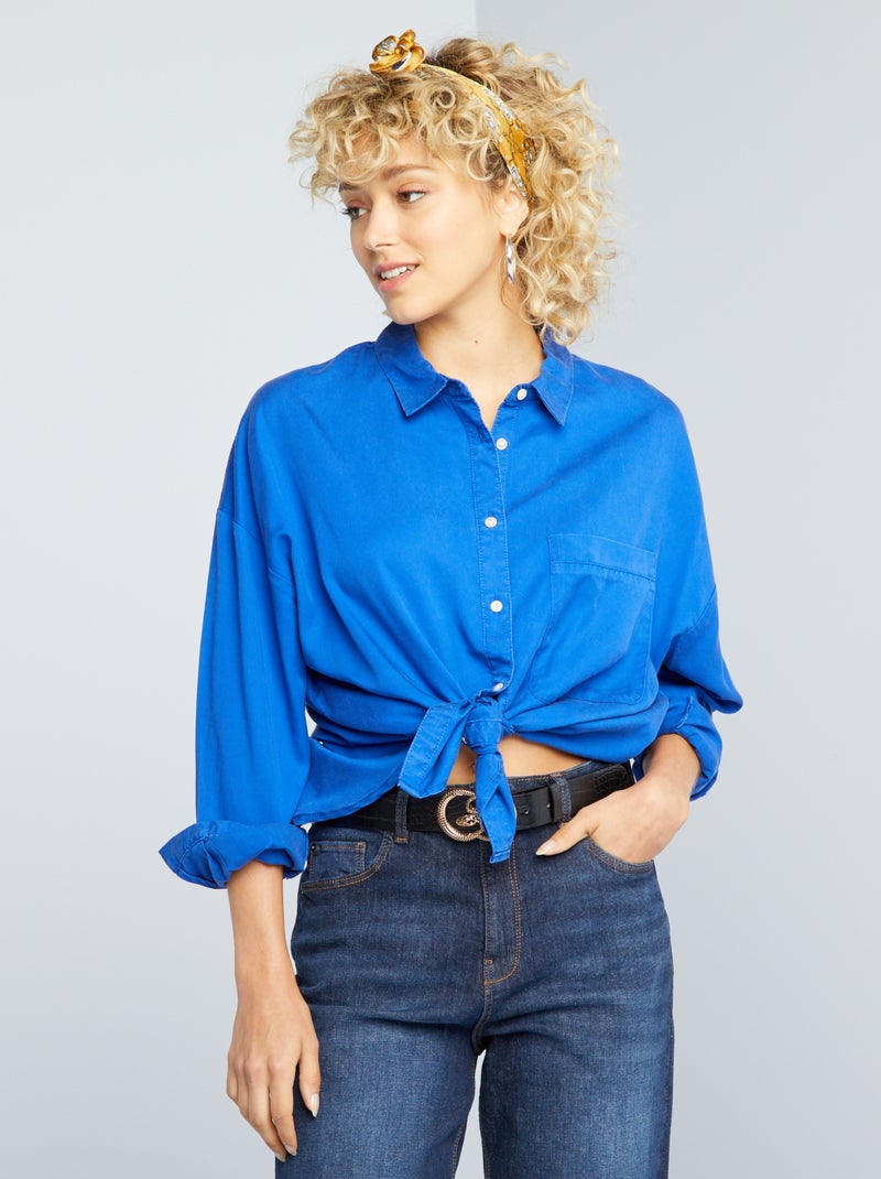 Camisa lisa de manga comprida Azul - Kiabi