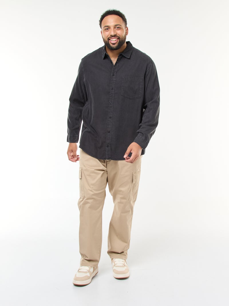 Camisa lisa de manga comprida em material suave Preto - Kiabi