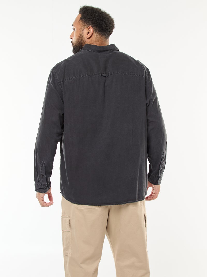 Camisa lisa de manga comprida em material suave Preto - Kiabi