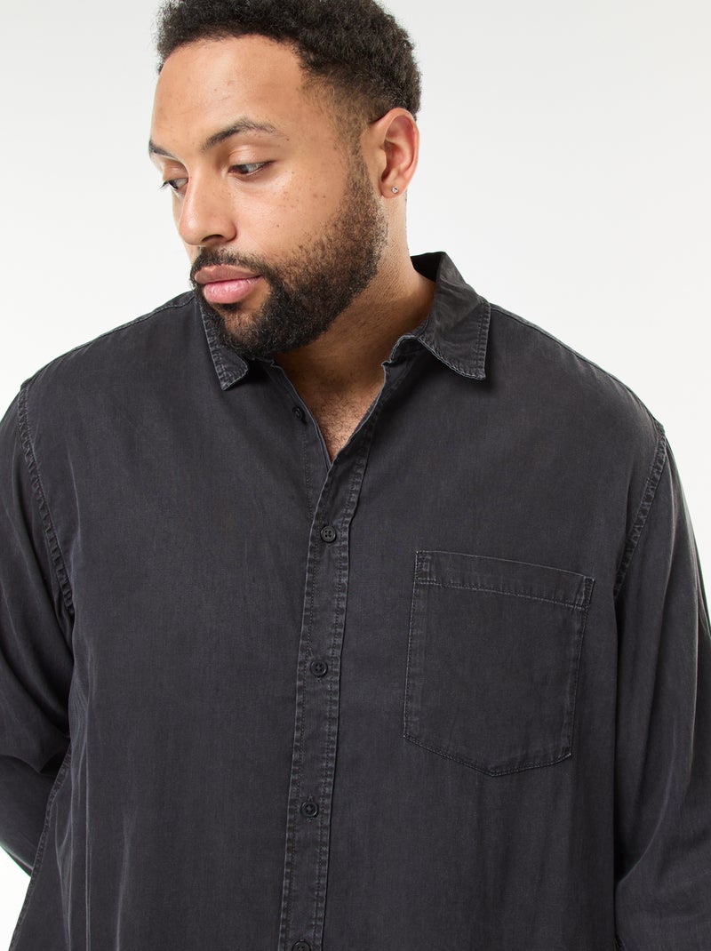 Camisa lisa de manga comprida em material suave Preto - Kiabi