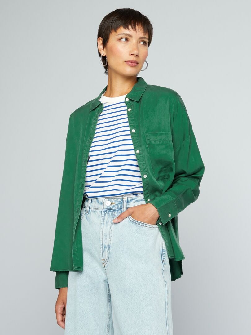 Camisa lisa de manga comprida Verde - Kiabi