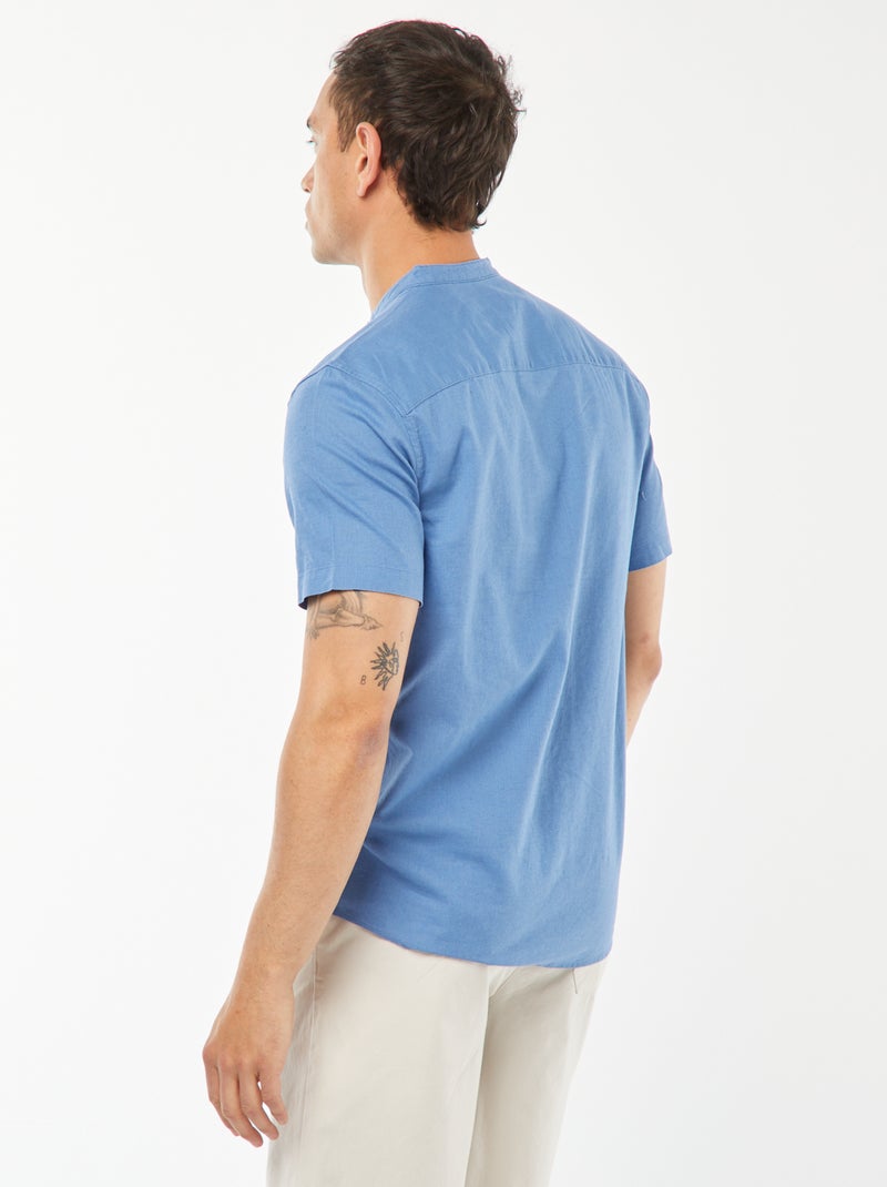 Camisa lisa de manga curta com gola mao AZUL - Kiabi