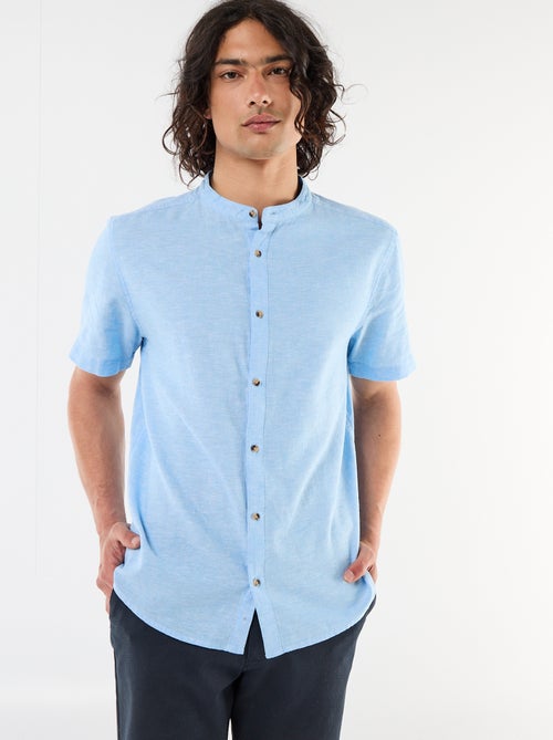 Camisa lisa de manga curta e gola mao em linho misto - Kiabi
