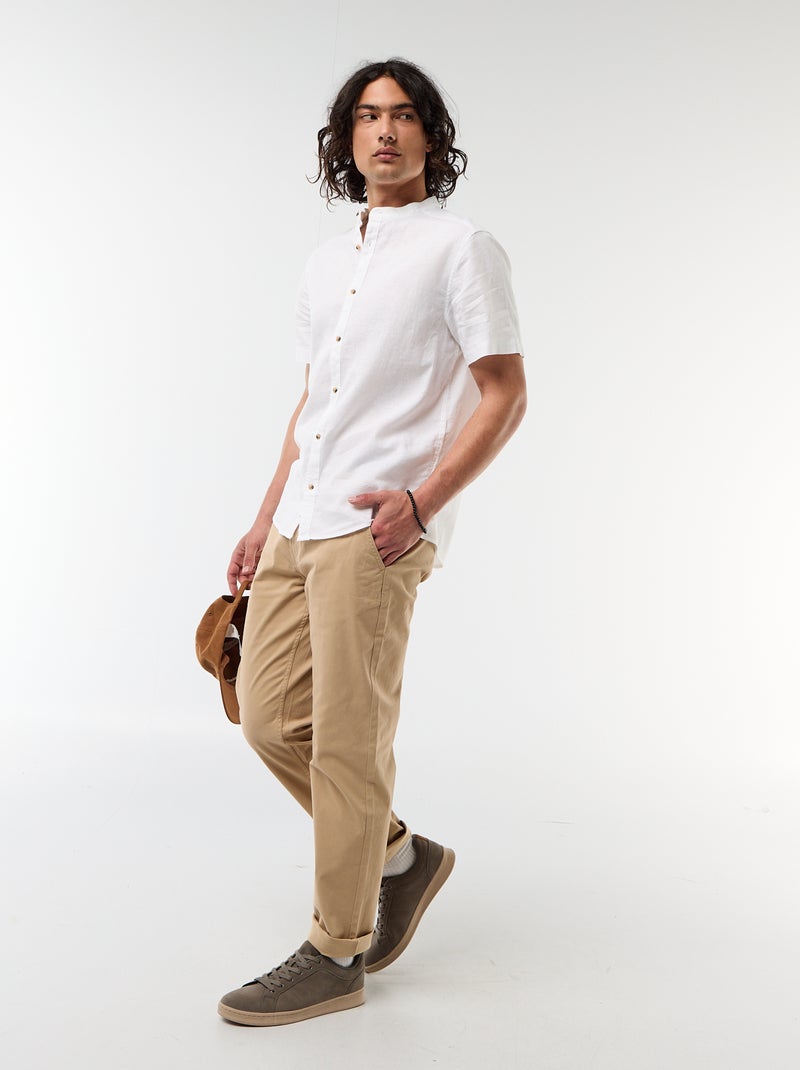 Camisa lisa de manga curta e gola mao em linho misto Branco - Kiabi