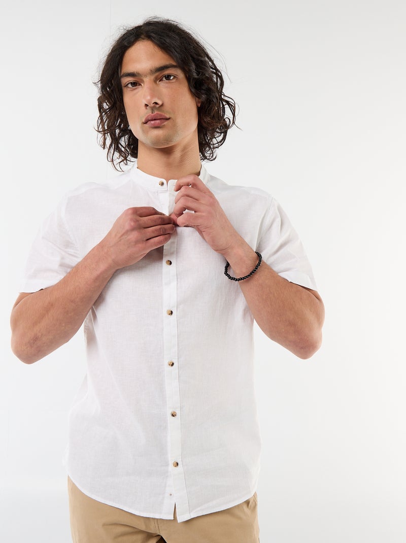 Camisa lisa de manga curta e gola mao em linho misto Branco - Kiabi