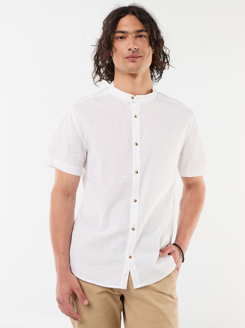 Camisa lisa de manga curta e gola mao em linho misto Branco - Kiabi
