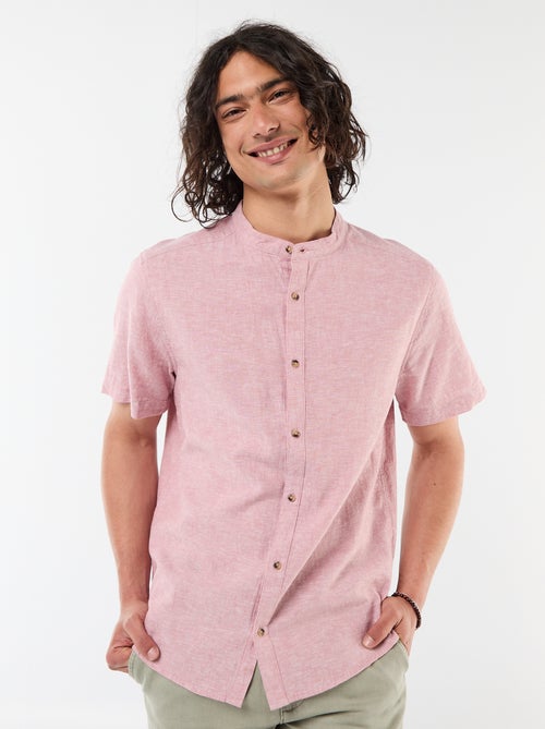 Camisa lisa de manga curta e gola mao em linho misto - Kiabi