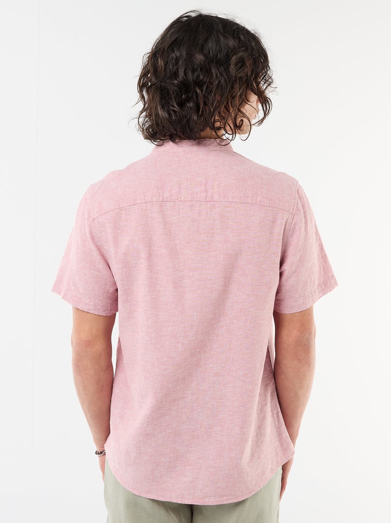 Camisa lisa de manga curta e gola mao em linho misto Rosa - Kiabi