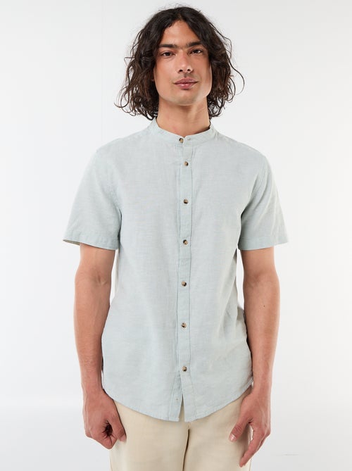 Camisa lisa de manga curta e gola mao em linho misto - Kiabi