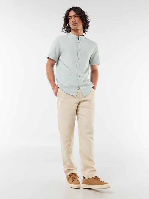 Camisa lisa de manga curta e gola mao em linho misto - Kiabi
