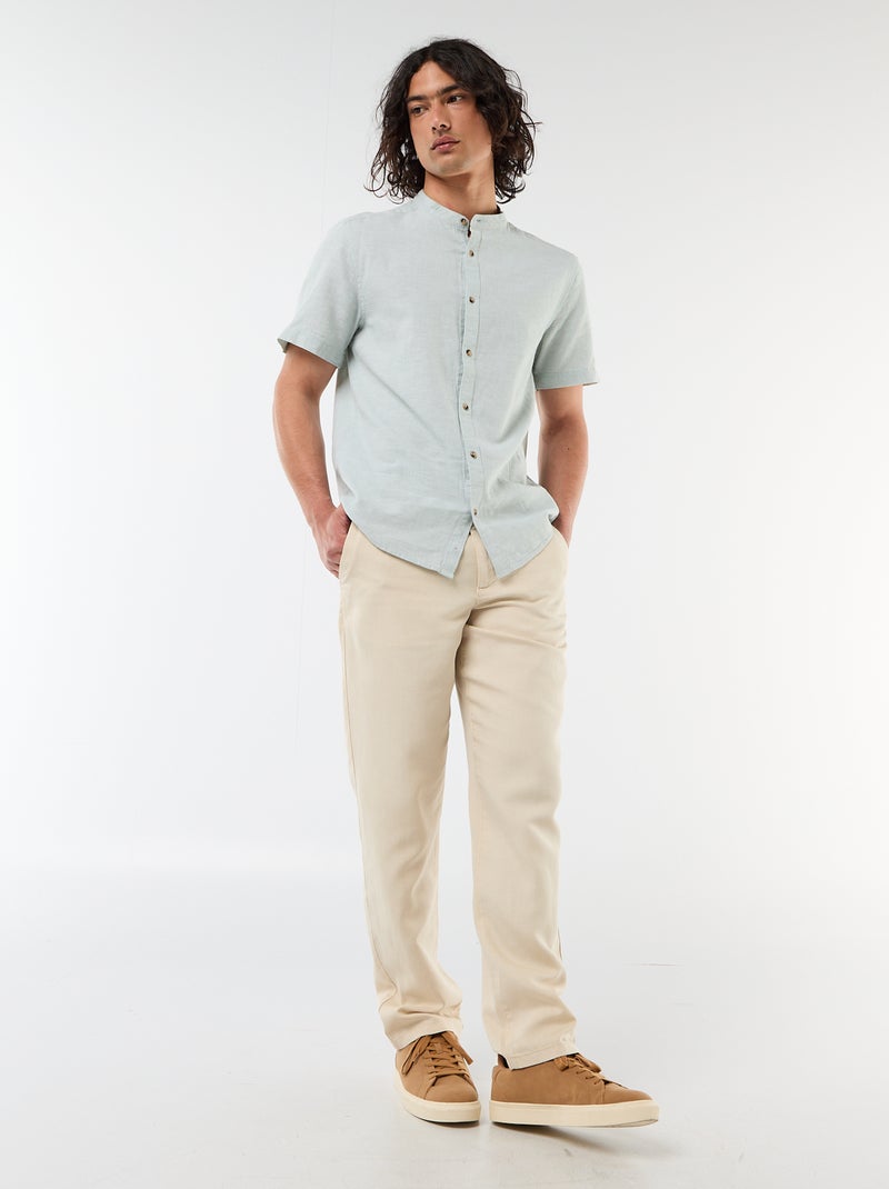 Camisa lisa de manga curta e gola mao em linho misto Verde - Kiabi