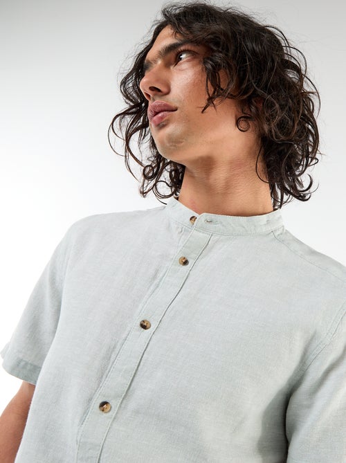 Camisa lisa de manga curta e gola mao em linho misto - Kiabi