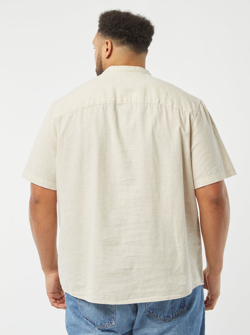 Camisa lisa de manga curta em mistura de linho bege - Kiabi