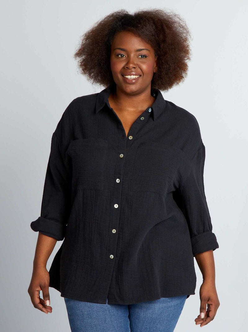 Camisa lisa em gaze de algodão Preto - Kiabi