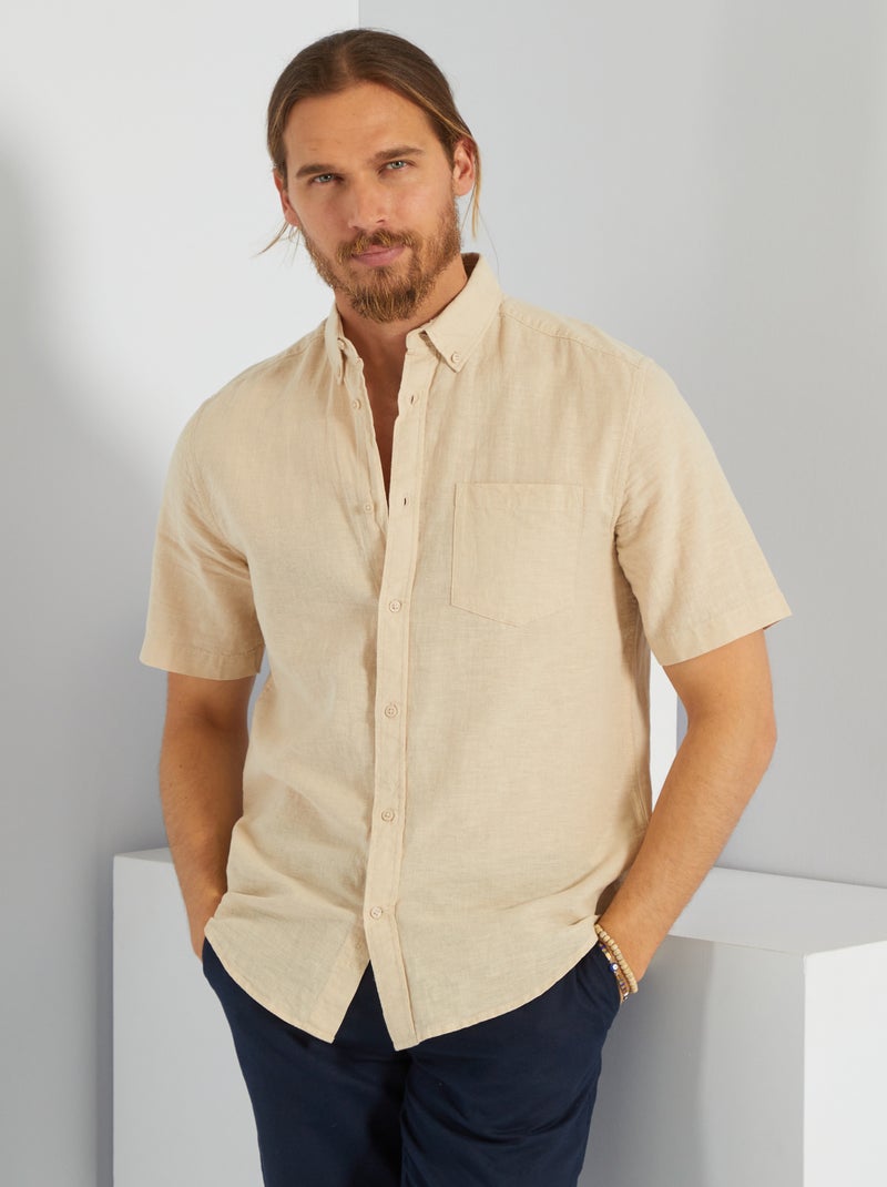 Camisa lisa regular com linho BEGE - Kiabi