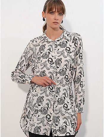 Camisa longa de crepe de viscose floral com cinto bdart
