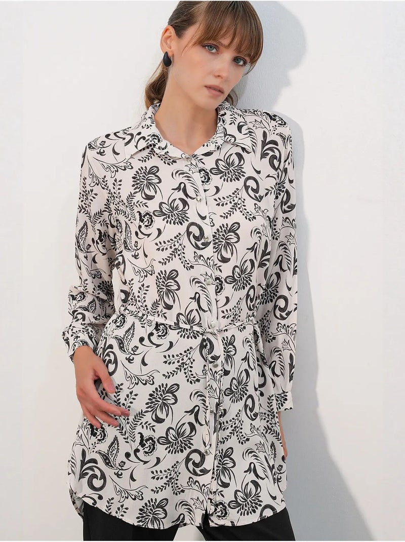 Camisa longa de crepe de viscose floral com cinto bdart Branco sujo - Kiabi
