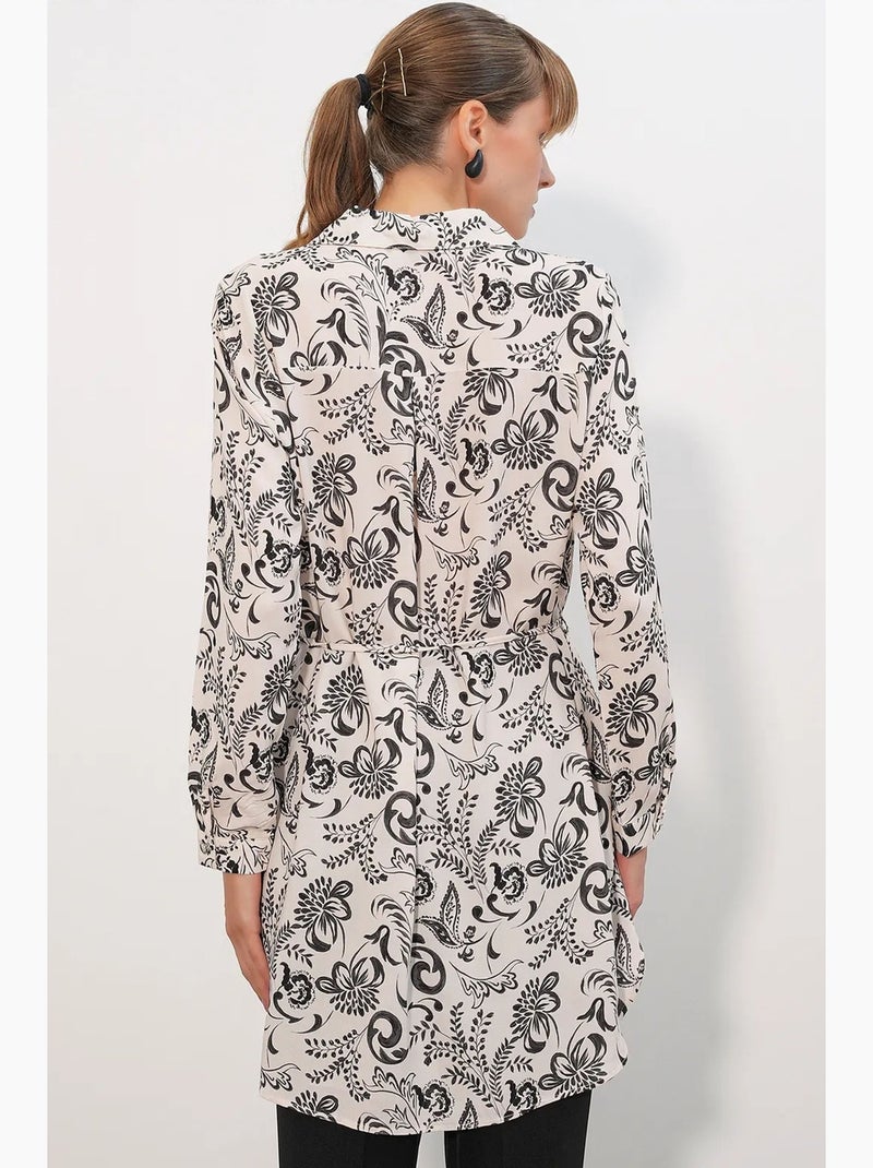 Camisa longa de crepe de viscose floral com cinto bdart Branco sujo - Kiabi