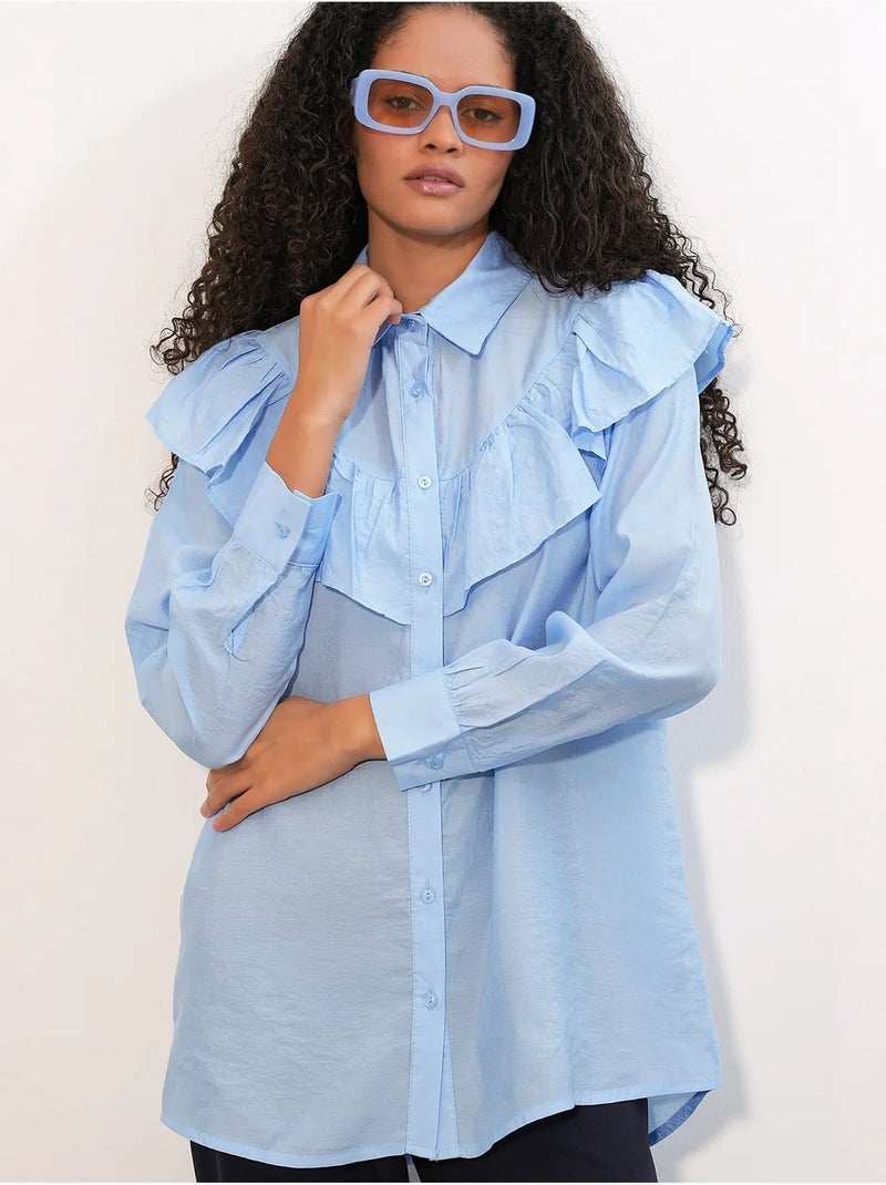 Camisa longa relaxed com detalhe de folho bdart Azul-céu - Kiabi