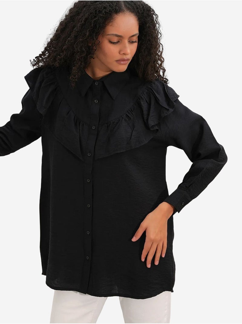Camisa longa relaxed com detalhe de folho bdart Preto - Kiabi