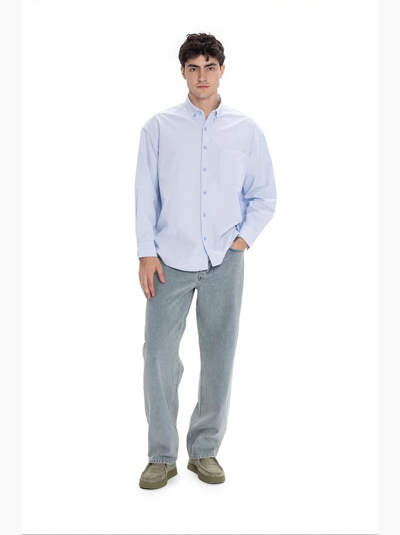 Camisa masculina de popelina de algodão texturizada giesto Azul-céu - Kiabi