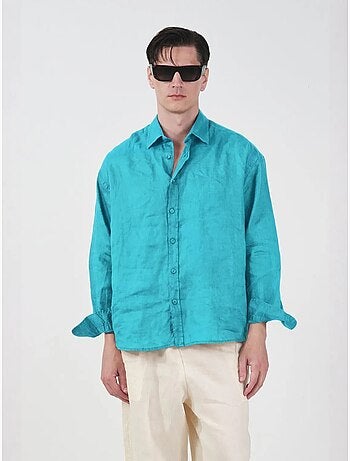Camisa masculina oversized de linho de manga comprida giesto