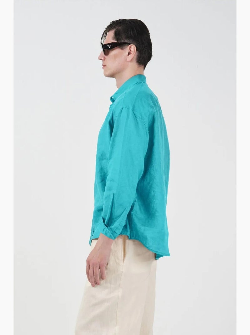 Camisa masculina oversized de linho de manga comprida giesto Turquesa - Kiabi