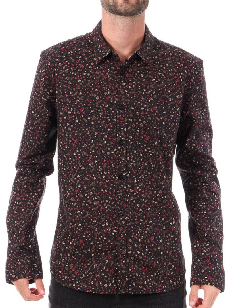 Camisa Masculina Teddy Smith Carton Stretch Preta/Vermelha com Padrão Floral Preto - Kiabi