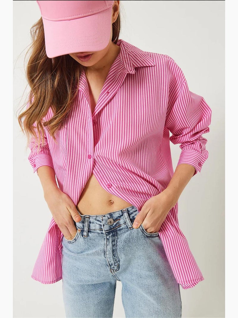 Camisa overshirt às riscas com botões e racha lucci Rosa-claro - Kiabi