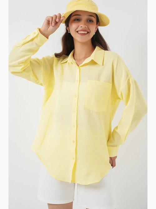 Camisa overshirt em mistura de linho com fecho de botões bdart - Kiabi Camisa overshirt em mistura de linho com fecho de botões bdart - Kiabi