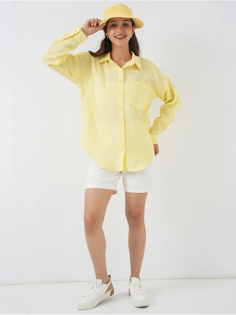 Camisa overshirt em mistura de linho com fecho de botões bdart Amarelo-limão - Kiabi