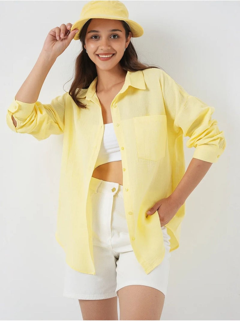 Camisa overshirt em mistura de linho com fecho de botões bdart Amarelo-limão - Kiabi