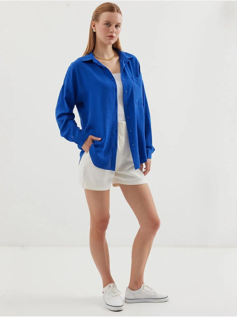 Camisa overshirt em mistura de linho com fecho de botões bdart Azul-cobalto - Kiabi