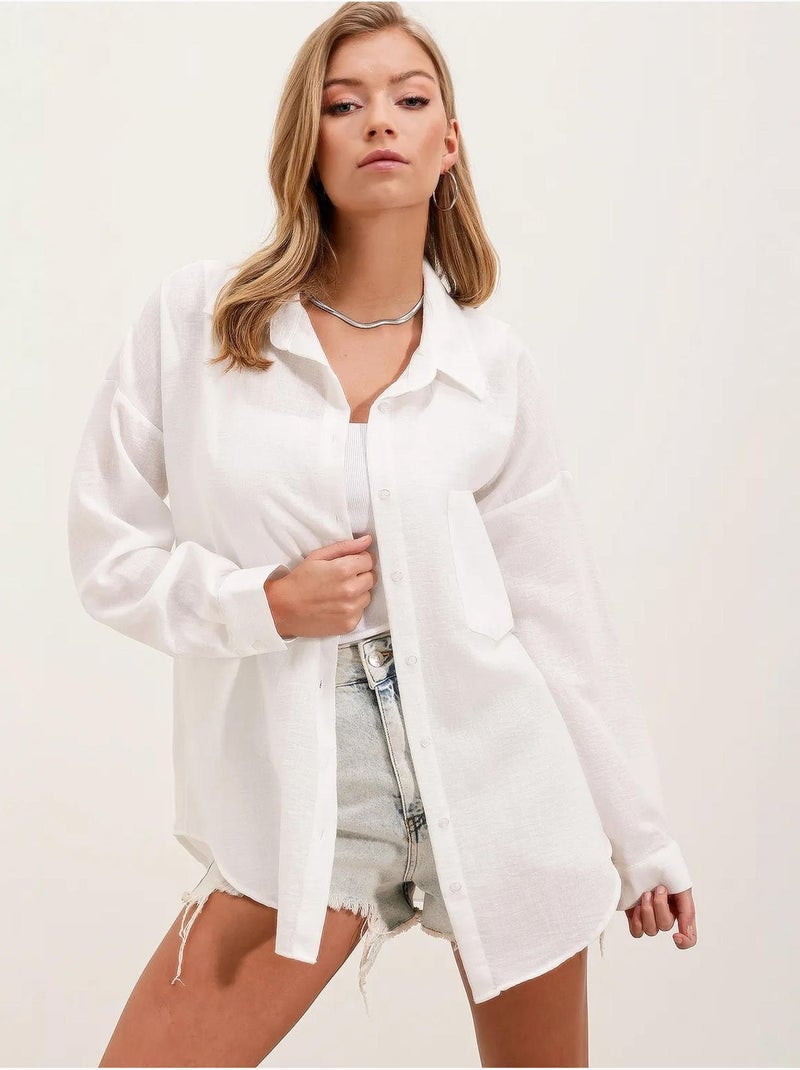Camisa overshirt em mistura de linho com fecho de botões bdart Branco - Kiabi