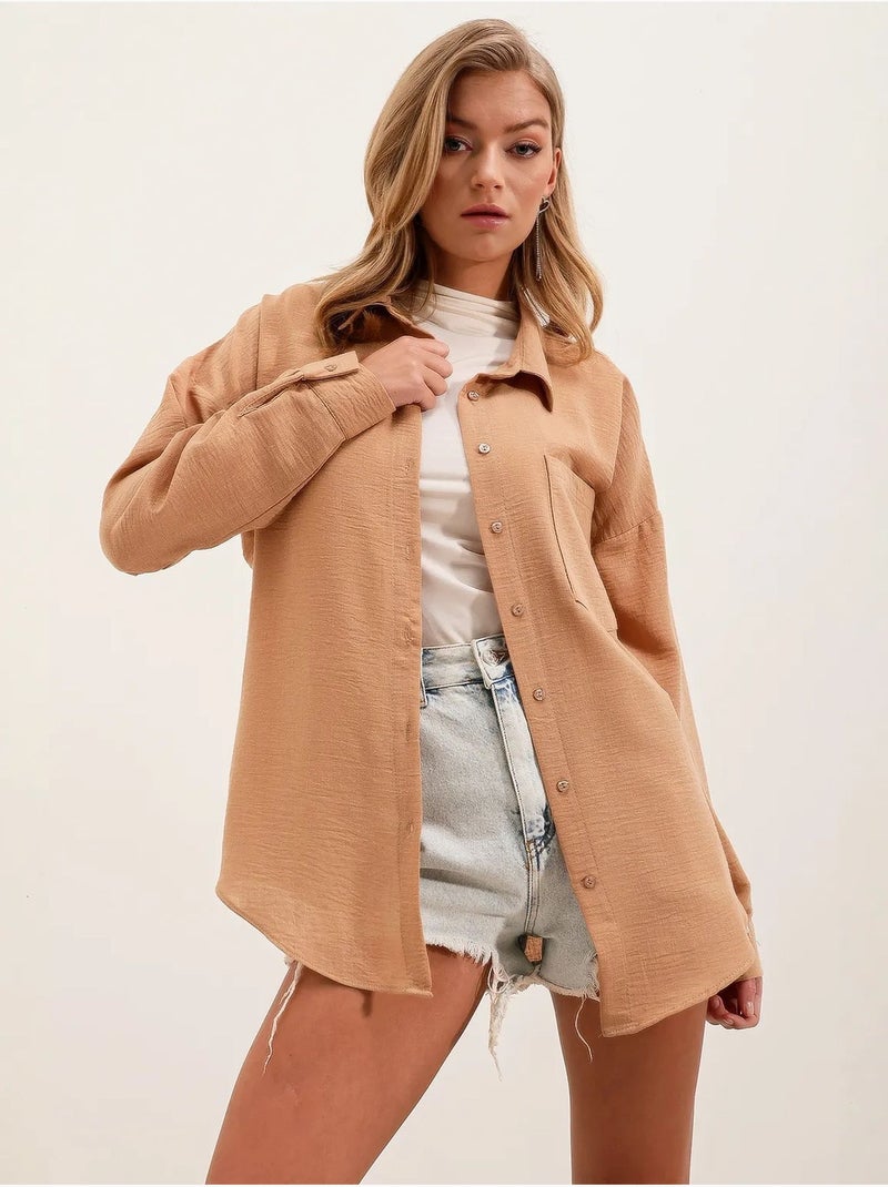 Camisa overshirt em mistura de linho com fecho de botões bdart Camelo - Kiabi