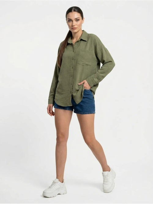 Camisa overshirt em mistura de linho com fecho de botões bdart - Kiabi Camisa overshirt em mistura de linho com fecho de botões bdart - Kiabi
