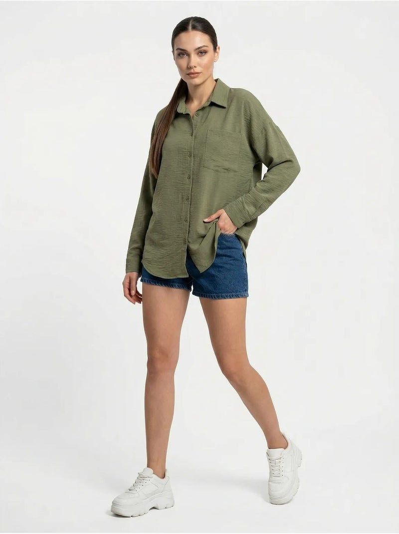 Camisa overshirt em mistura de linho com fecho de botões bdart Cáqui - Kiabi