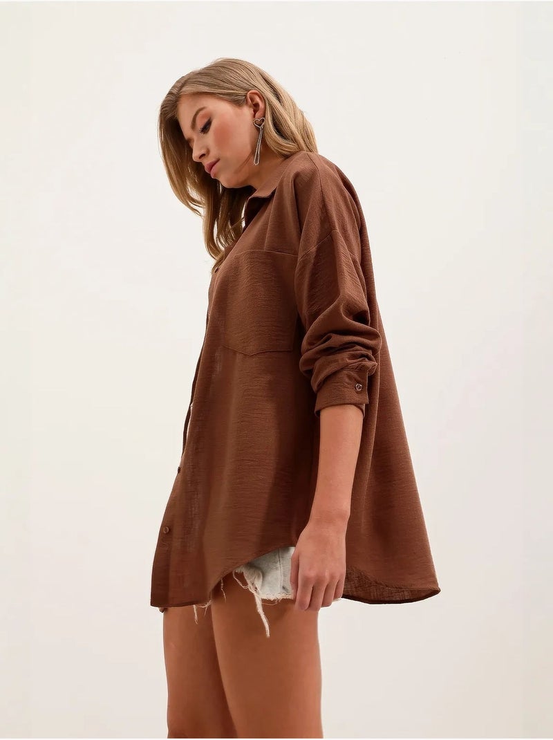 Camisa overshirt em mistura de linho com fecho de botões bdart Castanho-chocolate - Kiabi