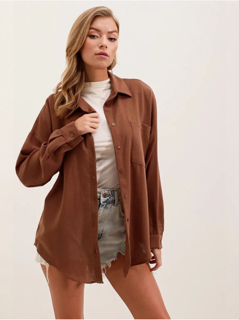 Camisa overshirt em mistura de linho com fecho de botões bdart Castanho-chocolate - Kiabi