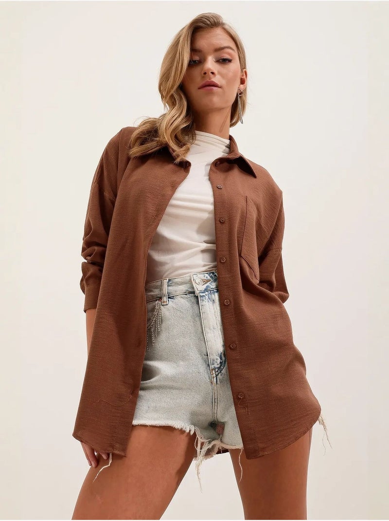 Camisa overshirt em mistura de linho com fecho de botões bdart Castanho-chocolate - Kiabi