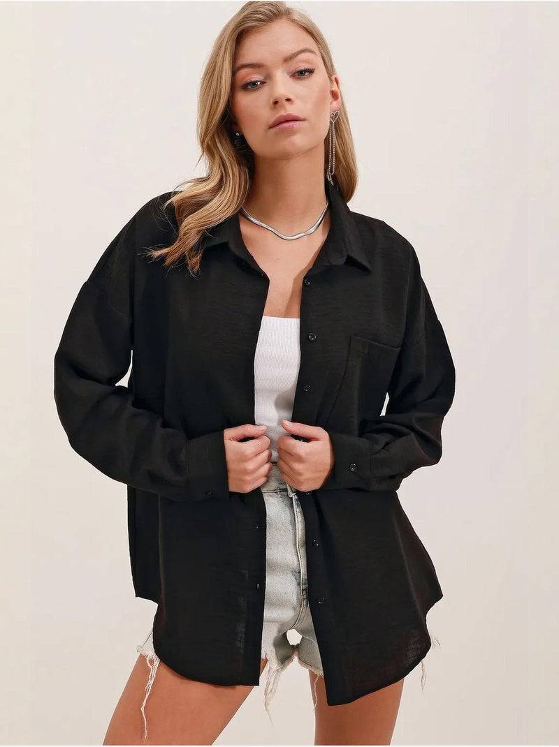 Camisa overshirt em mistura de linho com fecho de botões bdart Preto - Kiabi