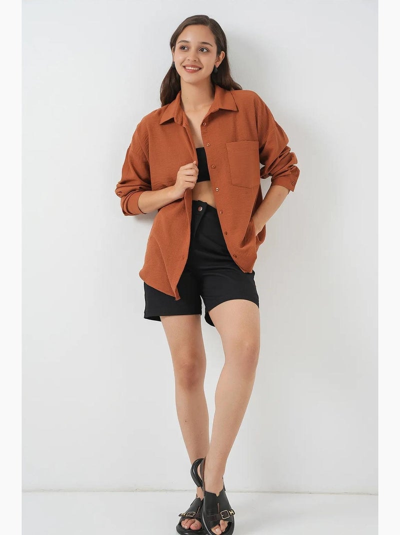 Camisa overshirt em mistura de linho com fecho de botões bdart Terracota - Kiabi