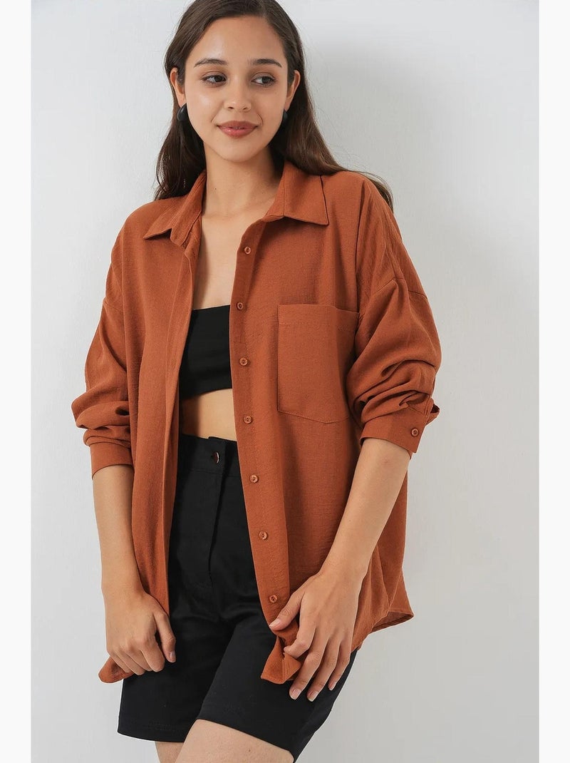 Camisa overshirt em mistura de linho com fecho de botões bdart Terracota - Kiabi