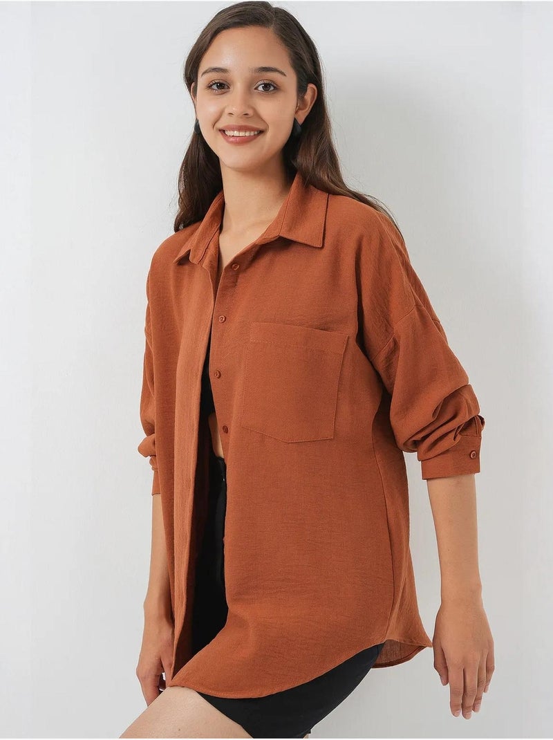 Camisa overshirt em mistura de linho com fecho de botões bdart Terracota - Kiabi