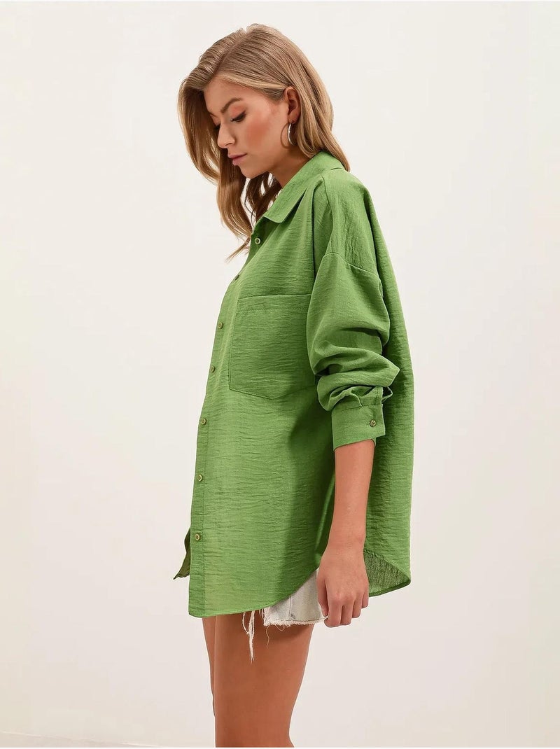 Camisa overshirt em mistura de linho com fecho de botões bdart Verde anis - Kiabi