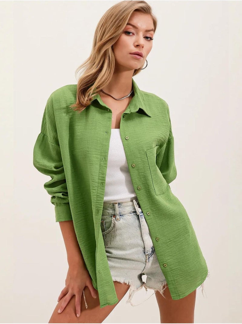 Camisa overshirt em mistura de linho com fecho de botões bdart Verde anis - Kiabi