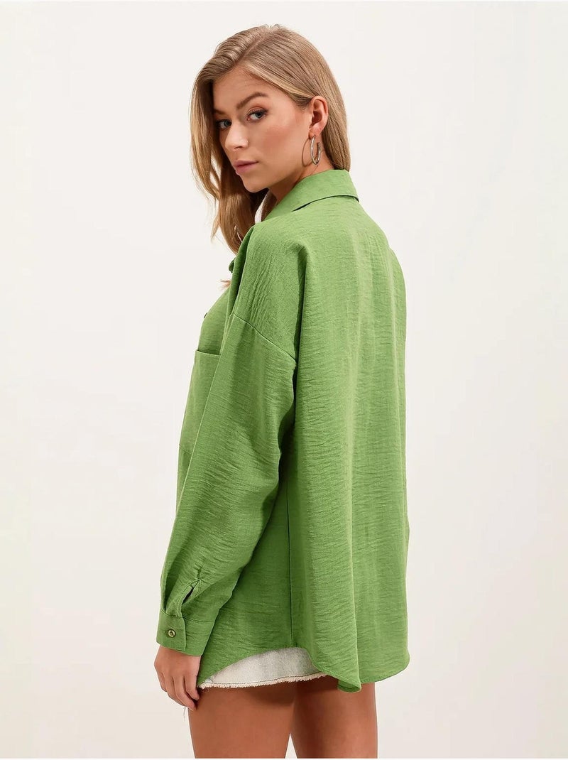 Camisa overshirt em mistura de linho com fecho de botões bdart Verde anis - Kiabi