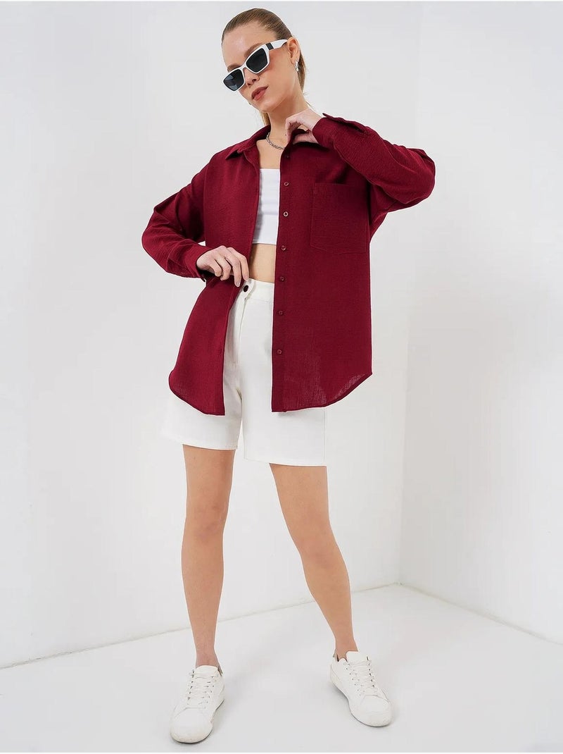 Camisa overshirt em mistura de linho com fecho de botões bdart Vermelho bordô - Kiabi
