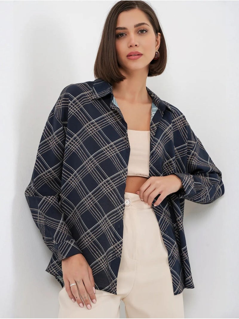 Camisa oversize aos quadrados com botões bdart Azul-marinho - Kiabi