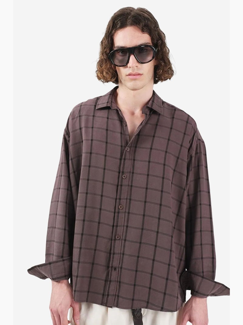 Camisa oversize aos quadrados com botões giesto Castanho-claro - Kiabi